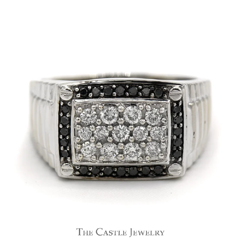 Classic Platinum Wedding Ring-Rectangular Shaped Diamond Cluster Ring with Black Diamond Bezel in 10k White Gold Ribbed Mounting