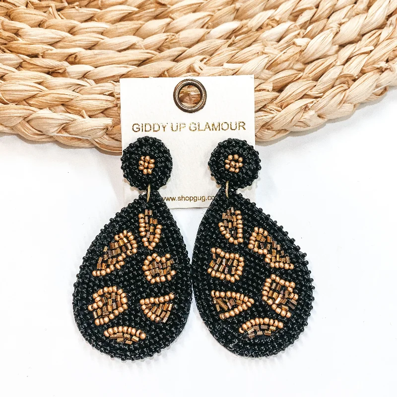 Diamond Stud Earrings-Beaded Leopard Print Teardrop Earrings in Black