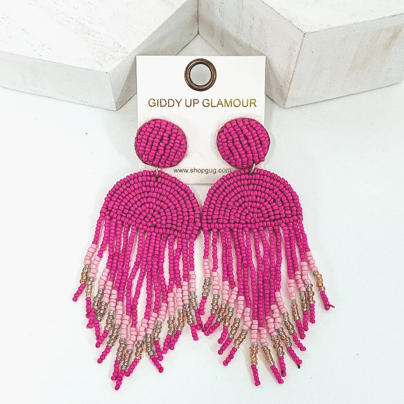 Elegant Wedding Earrings-Semi Circle Drop Beaded Earrings with Tassels in Fuchsia