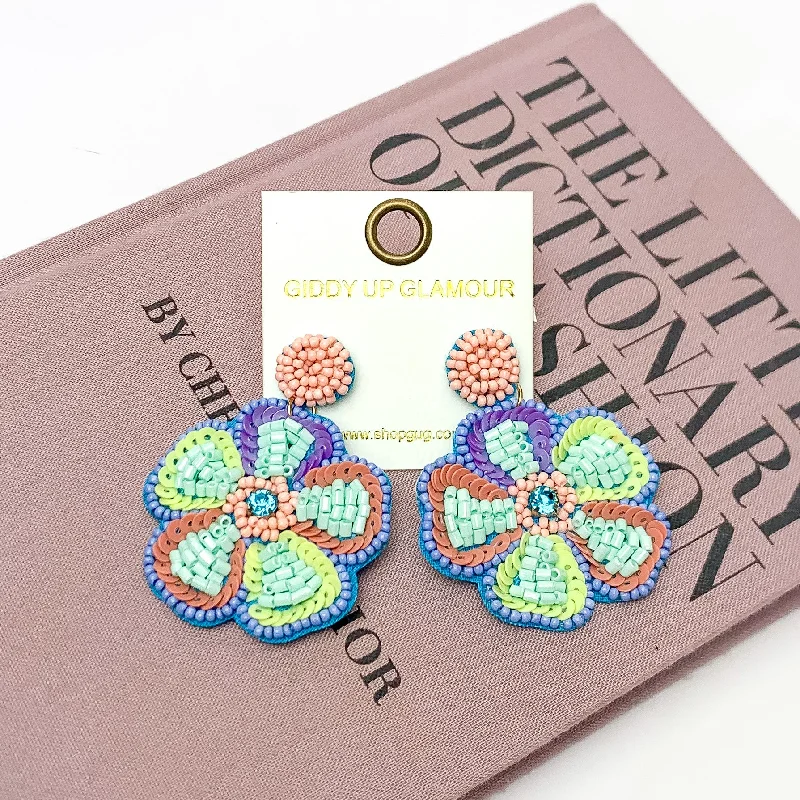 Colorful Stud Earrings-Beaded Flower Earrings in Pastel Multicolor