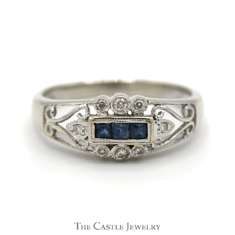 Custom Ring for Engagement-Princess Cut Sapphire Ring in Open Antique Style Band with Diamond Accents in 14k White Gold