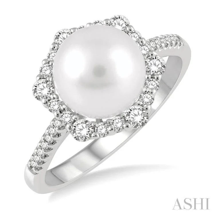 Custom Gold Ring-8X8MM Cultured Pearl and 1/3 Ctw Hexagon Shape Round Cut Diamond Ring in 14K White Gold