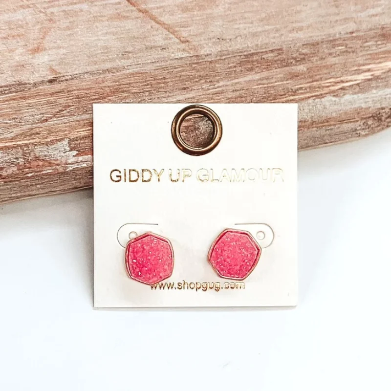 Elegant Gemstone Drop Earrings-Druzy Hexagon Post Earrings in Pink