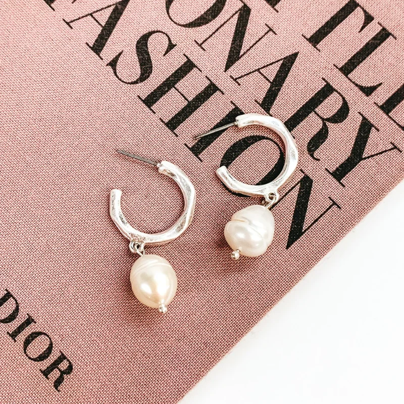 Designer Earrings for Special Occasions-Special Occasion Hoop Earring with Pearl Dangle in Worn Silver Tone