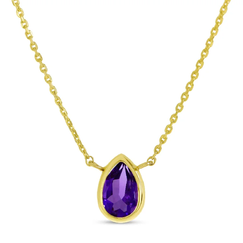 Bohemian Necklace with Stones-14K Yellow Gold 6x4mm Pear Shaped Amethyst Birthstone Necklace