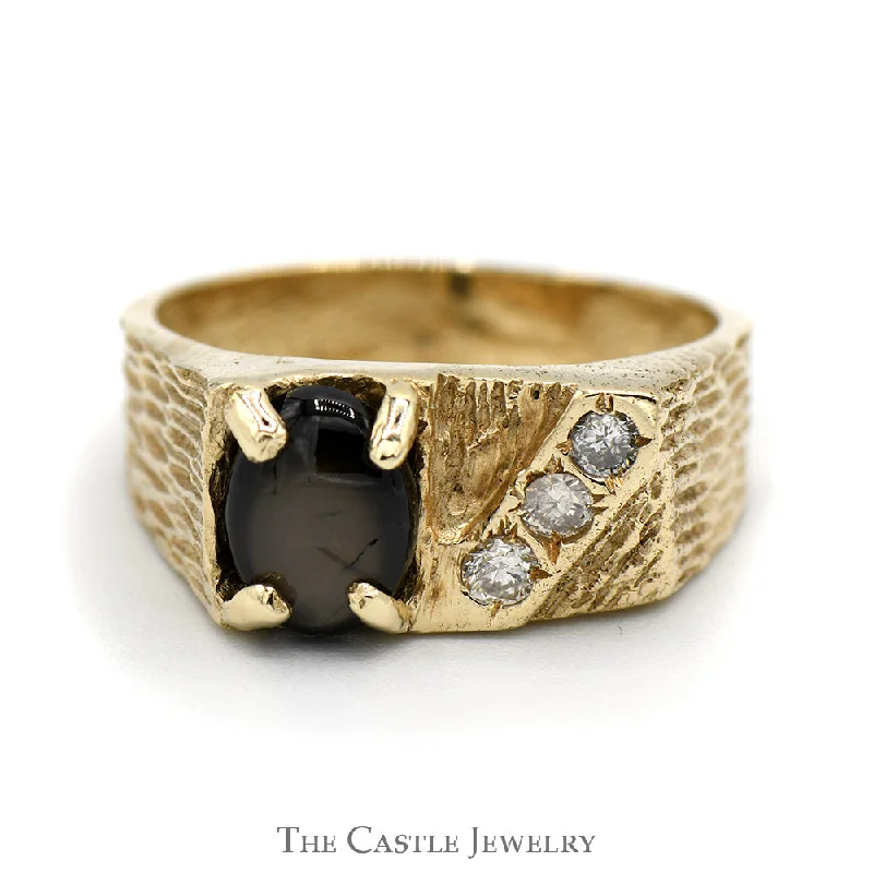 Fashionable Gold Engagement Ring-Cabochon Black Star Sapphire with Diamond Accents in 10k Yellow Gold Bark Designed Mounting