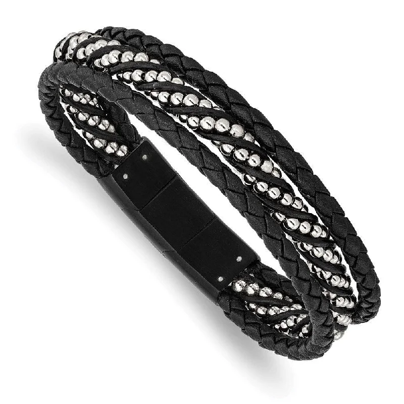 Fashionable Stackable Bracelet-Stainless Steel Brushed & Polished Black IP Leather w/.5in ext 8in Bracelet