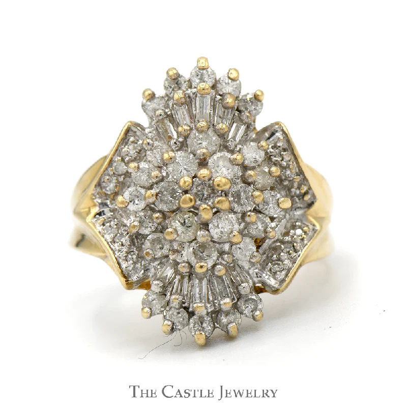 Dainty Gold Ring-1/2cttw Baguette and Round Diamond Cluster Ring in 10k Yellow Gold