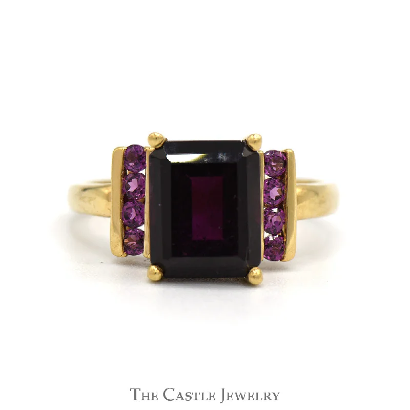 Gold Ring with Emerald-Emerald Cut Rhodolite Garnet Ring with Accented Sides in 10k Yellow Gold