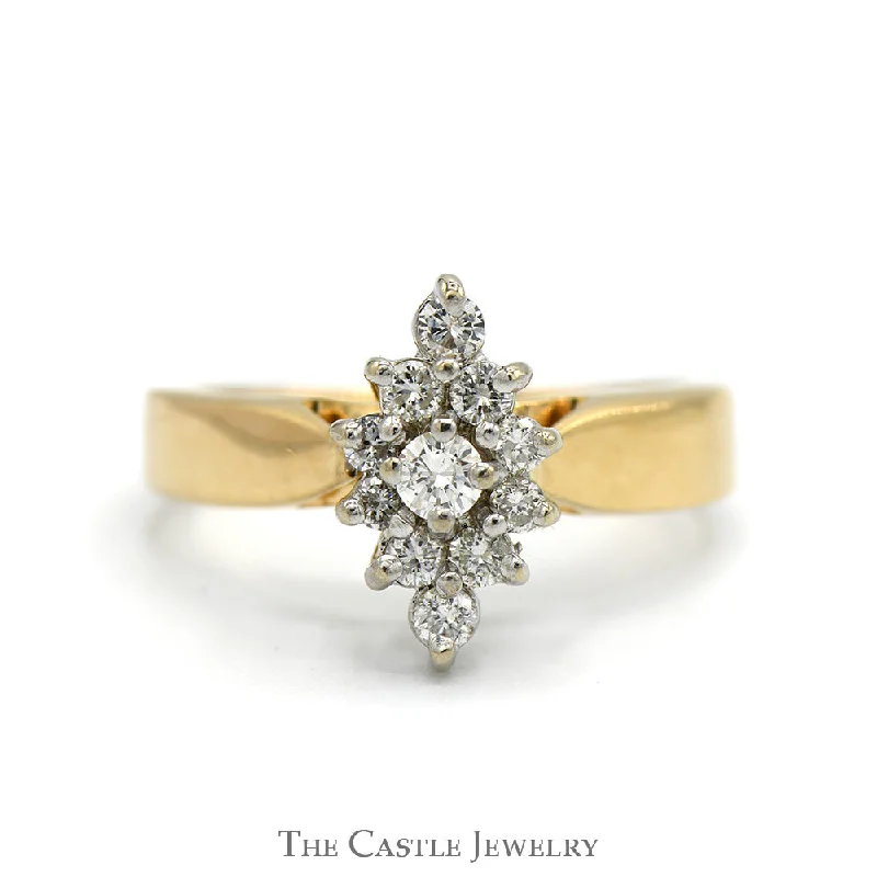 Wedding Band for Bride-Marquise Shaped 1/2cttw Diamond Cluster Ring in 14k Yellow Gold Cathedral Mounting