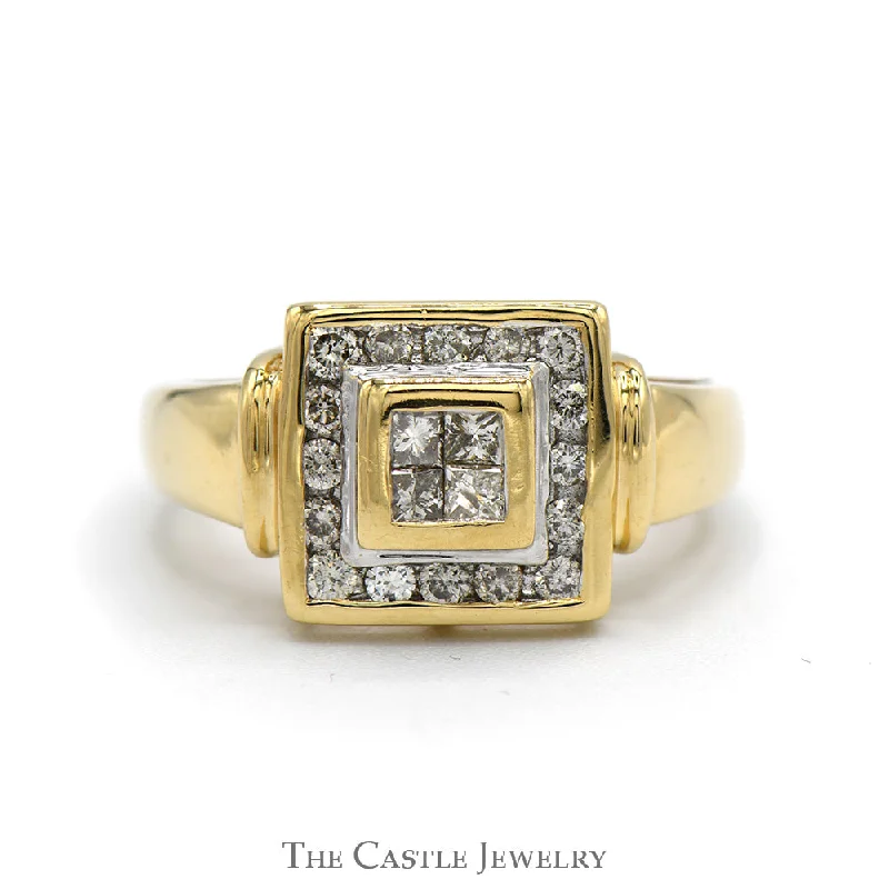 Elegant Wedding Ring-Square Shaped Invisi-set Princess Cut Diamond Cluster Ring with Round Diamond Halo in 14k Yellow Gold