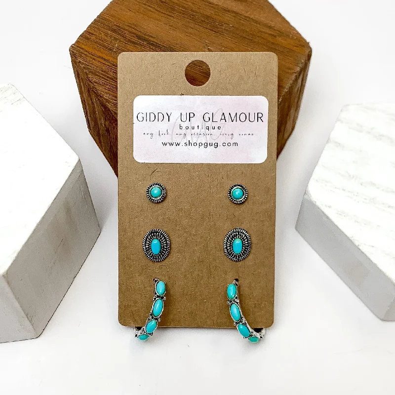 Sparkling Silver Earrings-Set Of Three | Stud and Hoop Silver Tone Earring Set in Turquoise