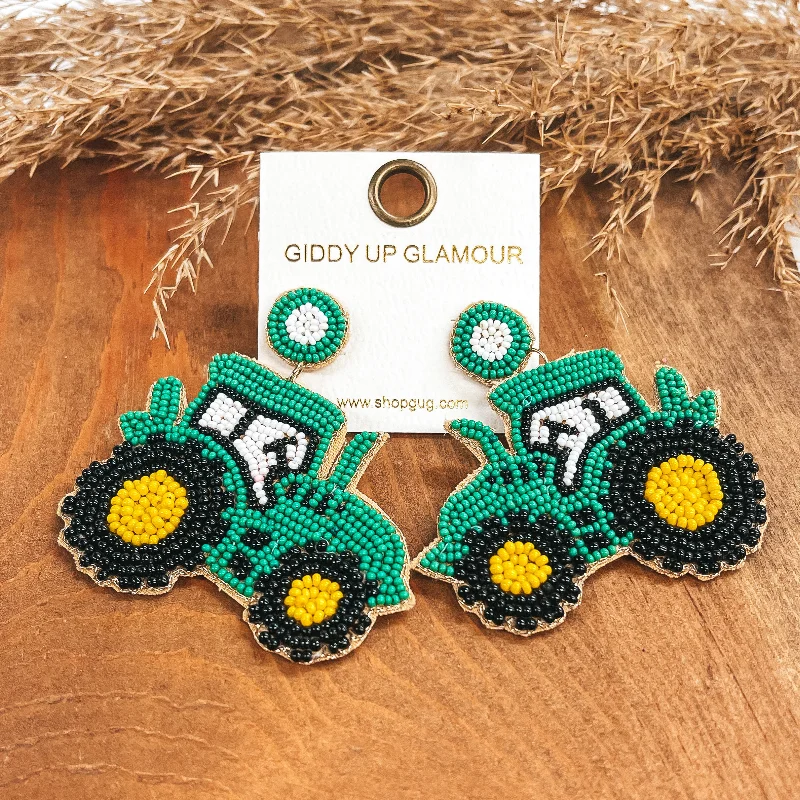 Silver Dangle Earrings-Beaded Tractor Post Back Earrings in Green