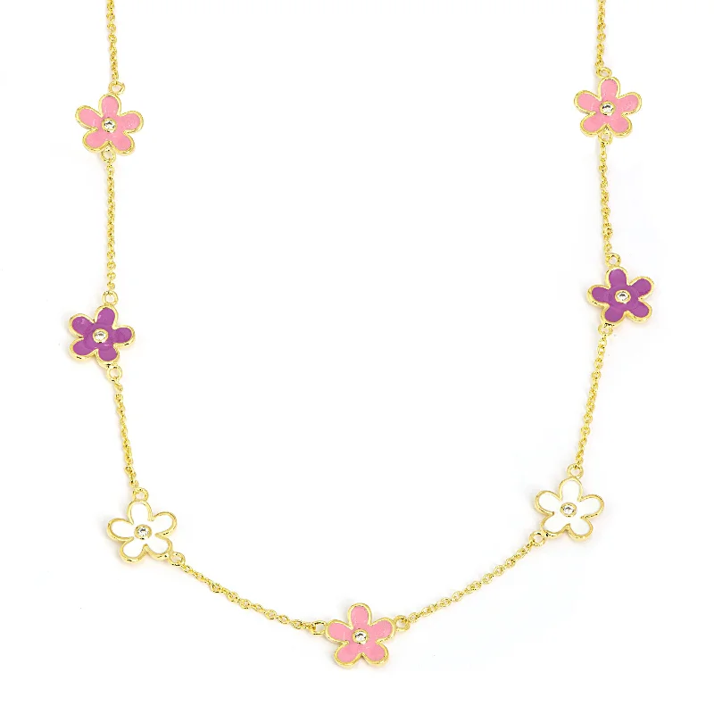 Fashionable Necklace for Women-Flower CZ Station Necklace - Multi