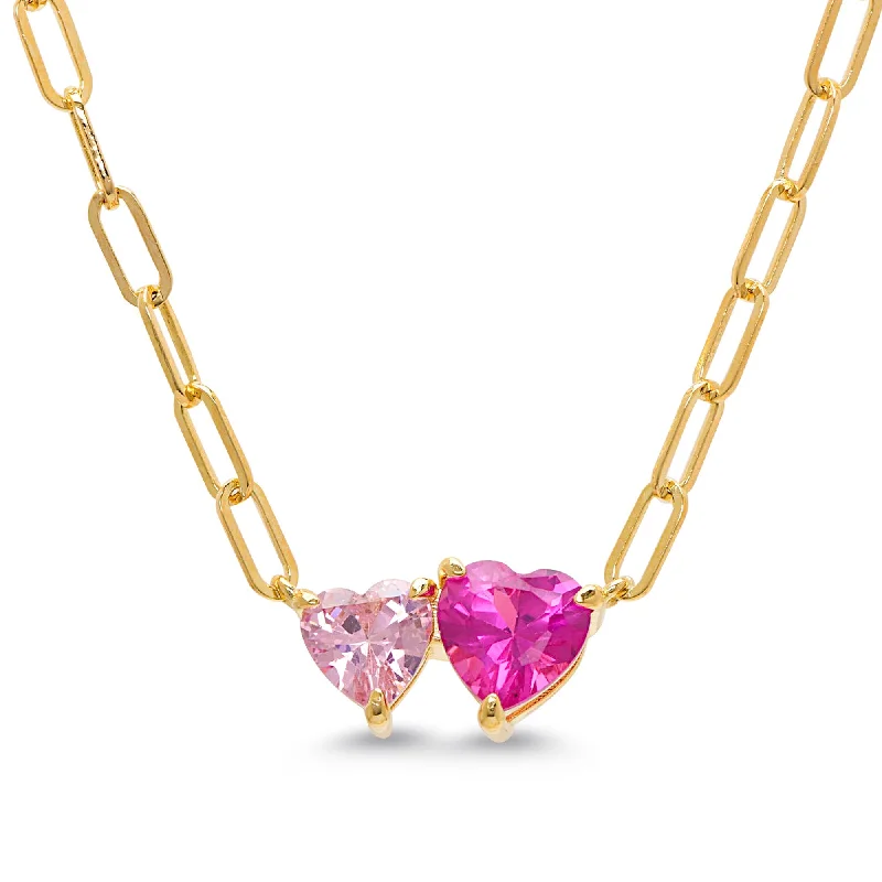 Trendy Custom Necklace-CZ Double Hearts Necklace - 2-Tone Pink