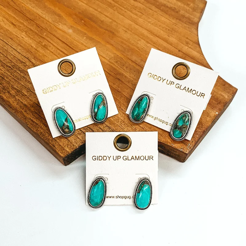 Modern Drop Earrings-Oval Faux Stone Silver Tone Earrings in Turquoise