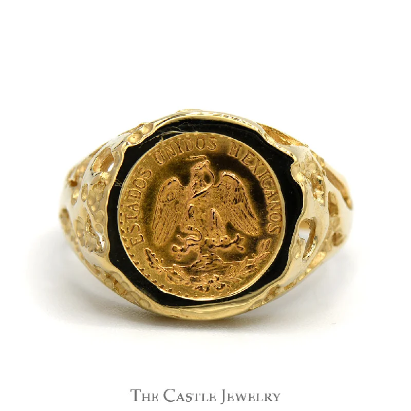 Luxury Wedding Band-Dos Pesos Mexican Coin Ring with Open Nugget Sides in 14k Yellow Gold