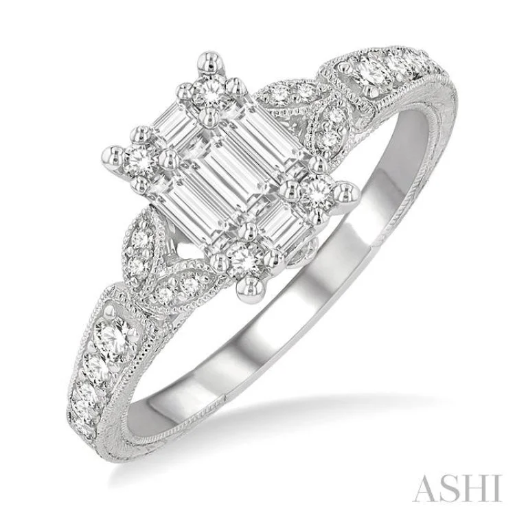 Bridal Engagement Ring-1/2 ctw Carved Shank Fusion Baguette and Round Cut Diamond Engagement Ring in 14K White Gold