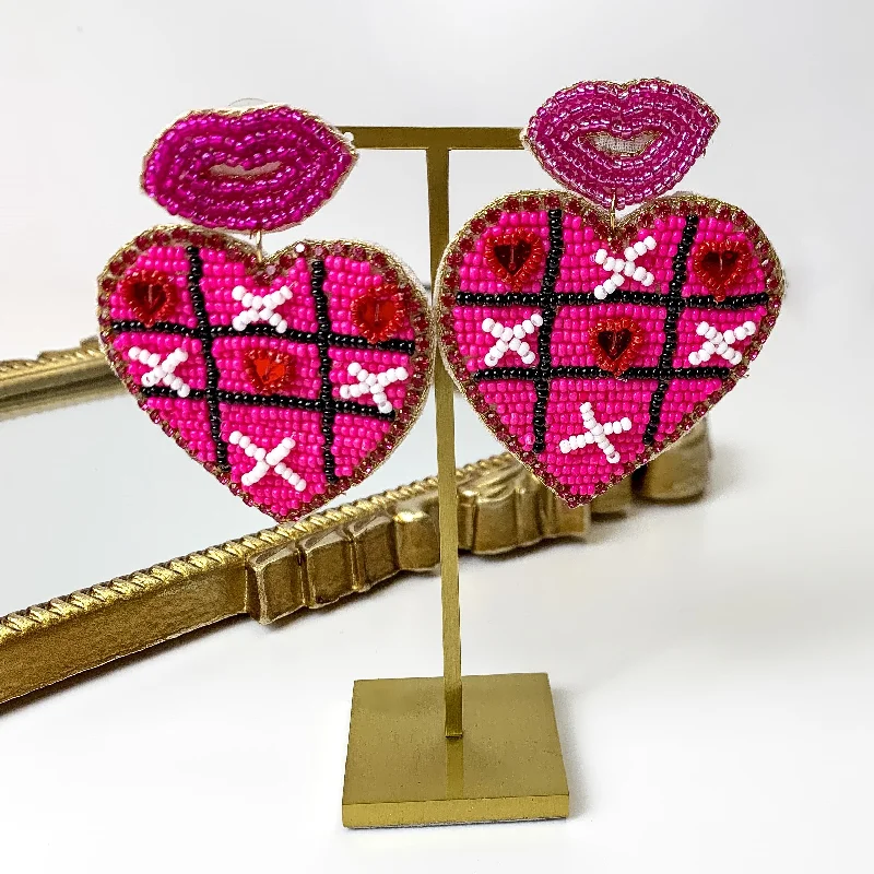 Vintage Dangle Earrings-Beaded Heart Shaped Tic Tac Toe Earrings in Fuchsia Pink