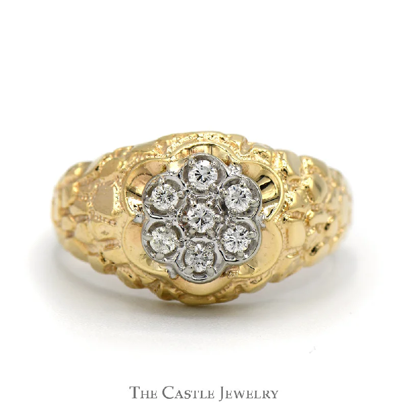 Stylish Engagement Ring-Round 7 Diamond Cluster Ring in 14k Yellow Gold Nugget Style Mounting