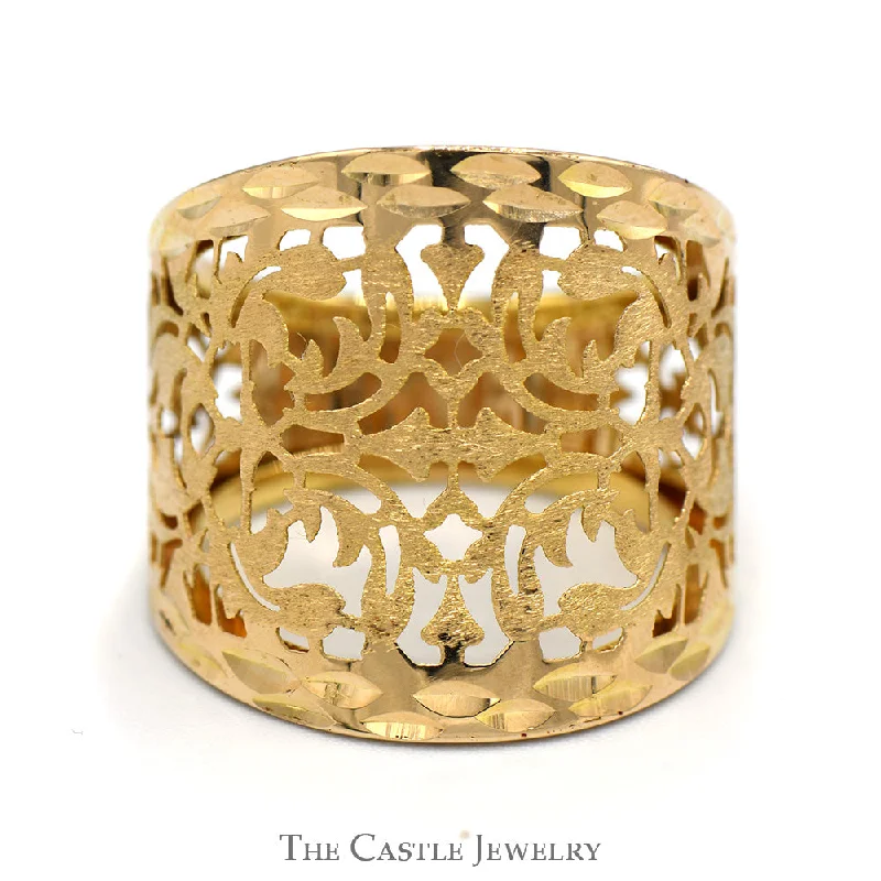 Unique Gold Ring-Open Filigree Designed Wide Tapered Dome Band in 14k Yellow Gold