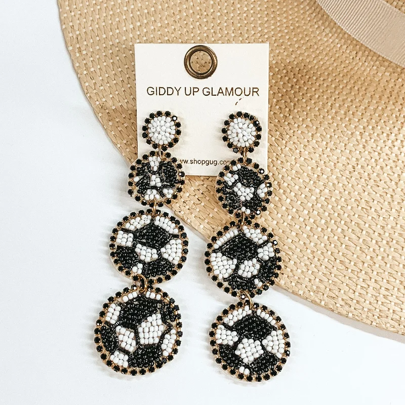 Elegant Gemstone Drop Earrings-Three Tiered Soccer Ball Beaded Post Back Earrings in White