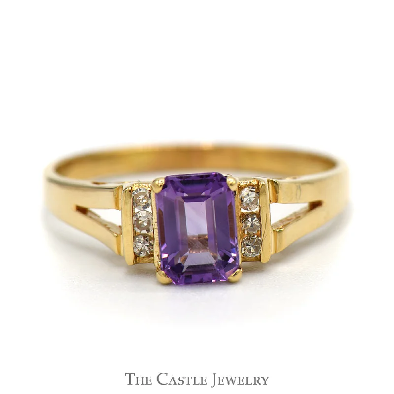 Classic Wedding Ring for Couples-Emerald Cut Amethyst Ring with Channel Set Diamond Accents in 14k Yellow Gold