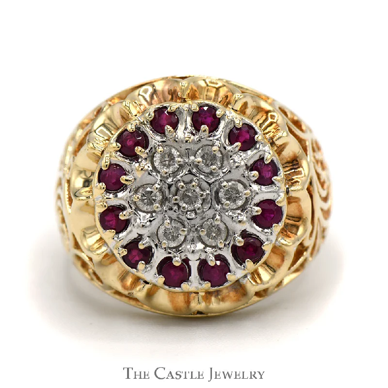 Custom Silver Engagement Ring-Ruby & Diamond 19 Stone Kentucky Cluster Ring with Open Filigree Sides in 10k Yellow Gold