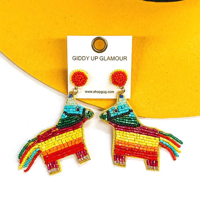 Stylish Hoop Earrings-Serape Pinata Seed Beaded Earrings in Multicolored