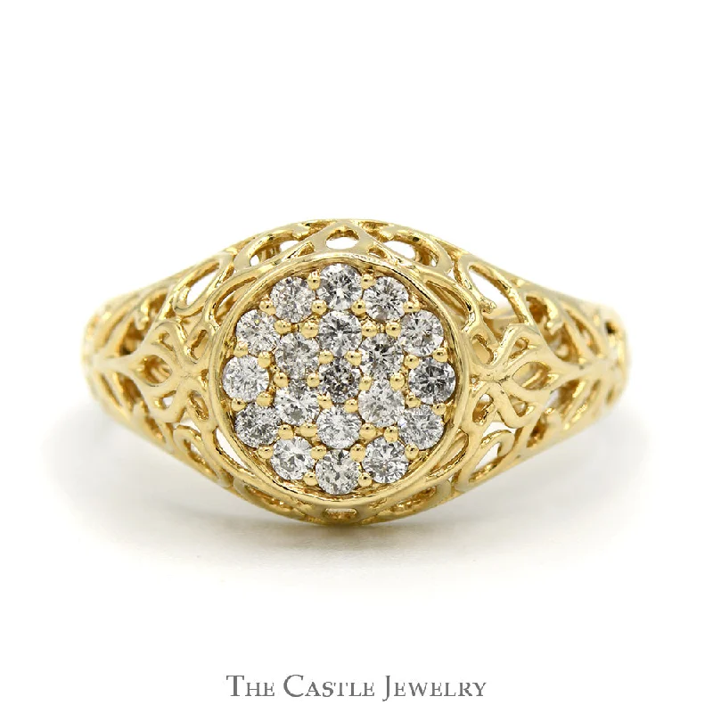 Customizable Wedding Band Set-1/2cttw Diamond Kentucky Cluster Ring with Open Filigree Sides in 10k Yellow Gold