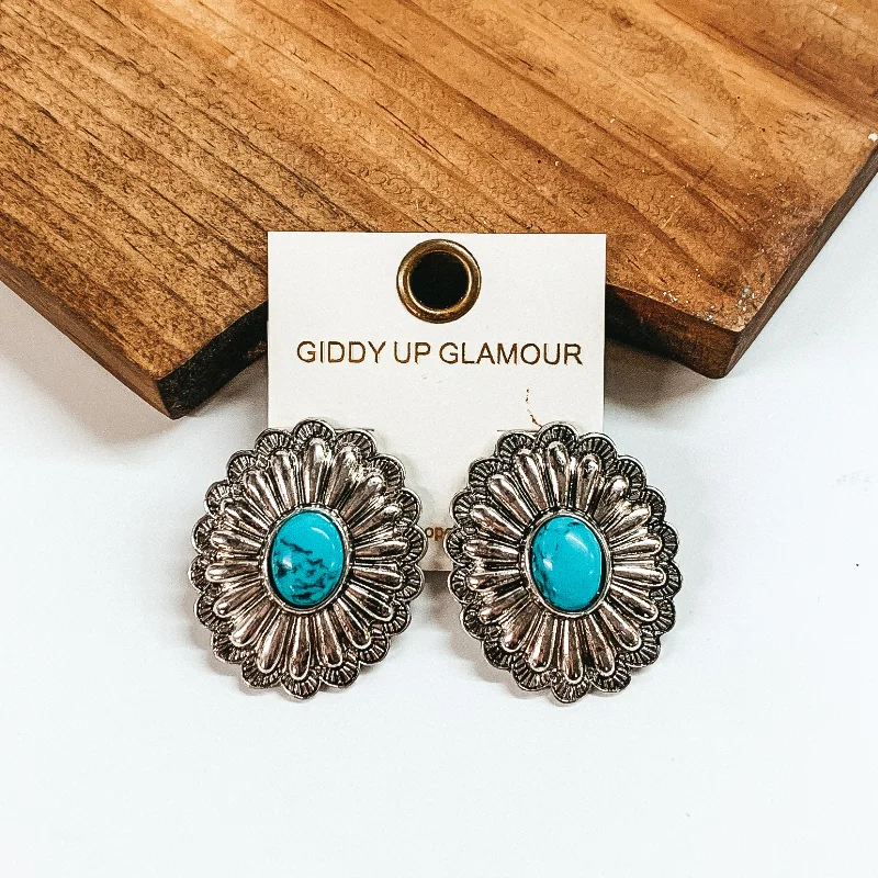 Elegant Jewelry Earrings-Silver Tone Concho Earrings with Faux Center Stone in Turquoise