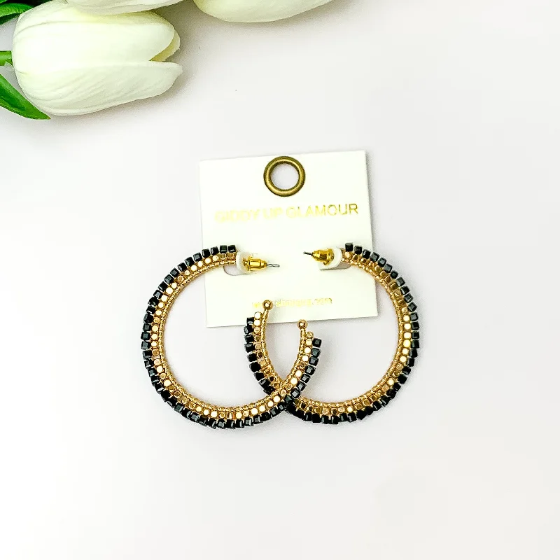 Gemstone Stud Earrings-Gold Tone Beaded Hoop Earrings with a Black Crystal Outline