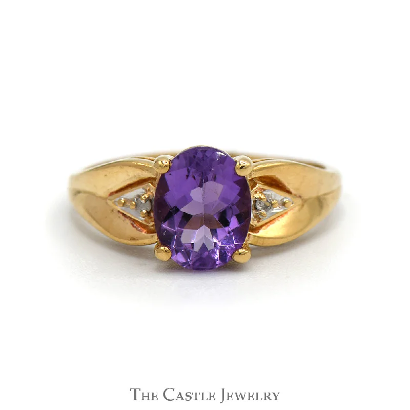 Unique Men's Wedding Ring-Oval Amethyst Ring with Illusion Set Diamond Accents in 10k Yellow Gold