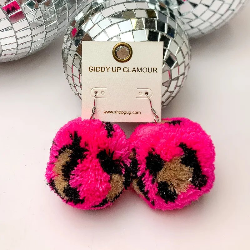 Large Drop Earrings-Party Poms Large Leopard Print Earrings in Hot Pink