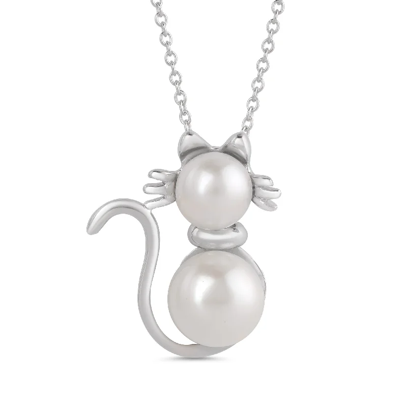 Personalized Birthstone Necklace-Freshwater Pearl Cat Necklace in Sterling Silver