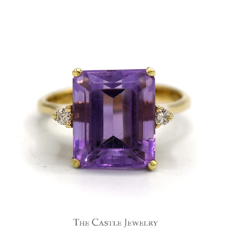 Classic Sapphire Engagement Ring-Emerald Cut Amethyst Ring with Diamond Accented Sides in 10k Yellow Gold