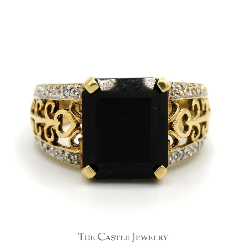 Classic Gold Wedding Band-Rectangle Cut Black Onyx Ring with Diamond Accented Scroll Designed Sides in 10k Yellow Gold