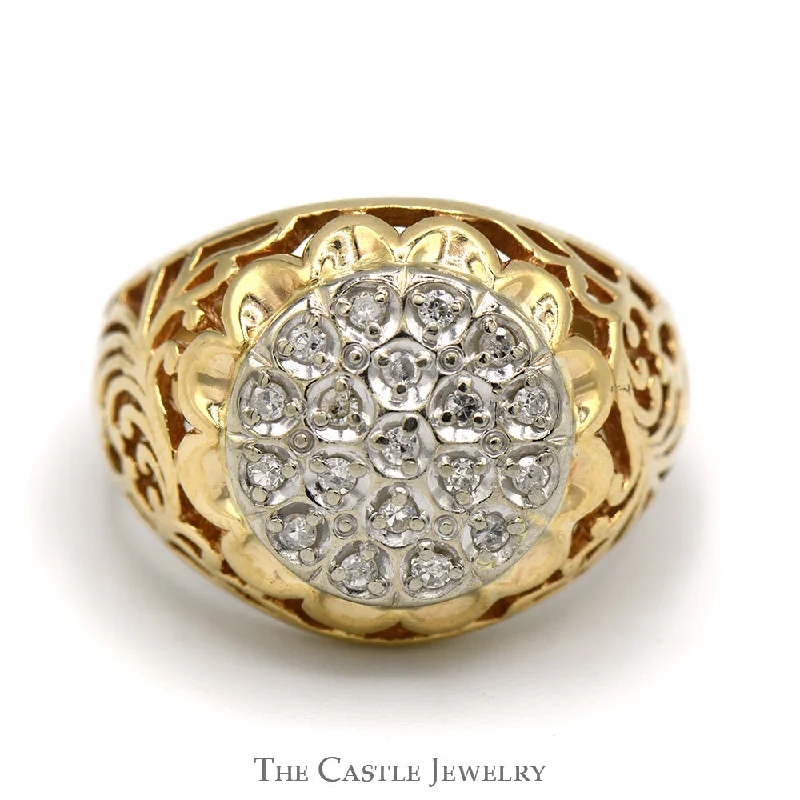 Unique Promise Ring-1/4cttw Diamond Kentucky Cluster Ring with Filigree Sides in 10k Yellow Gold