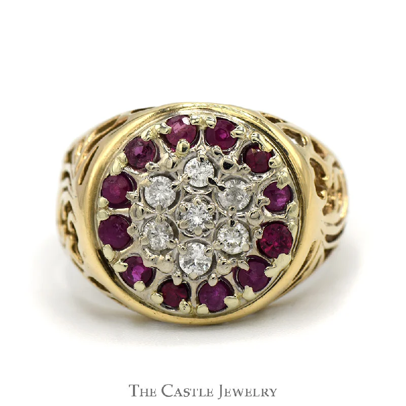 Silver Wedding Band for Men-Ruby & Diamond Kentucky Cluster Ring with Filigree Sides in 10k Yellow Gold