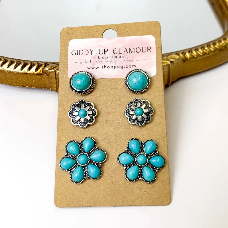 Beaded Earrings for Weddings-Set Of Three | Flower and Stone Silver Tone Earring Set in Turquoise Blue