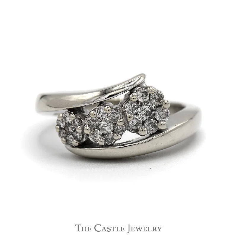 Custom Silver Engagement Ring-Triple Diamond Flower Cluster Ring with Bypass Design in 14k White Gold