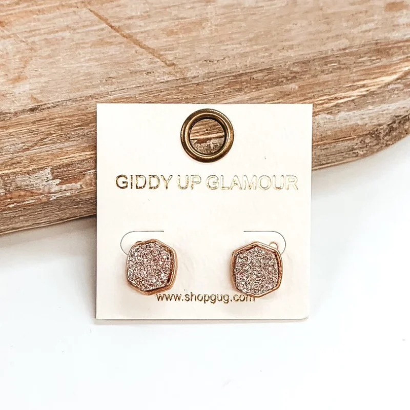 Stunning Wedding Earrings-Druzy Hexagon Post Earrings in Rose Gold