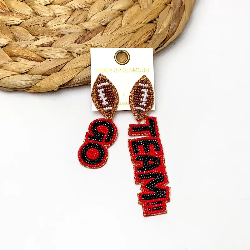 Trendy Drop Earrings-"Go Team!!" Beaded Earrings With Football Posts in Black and Red