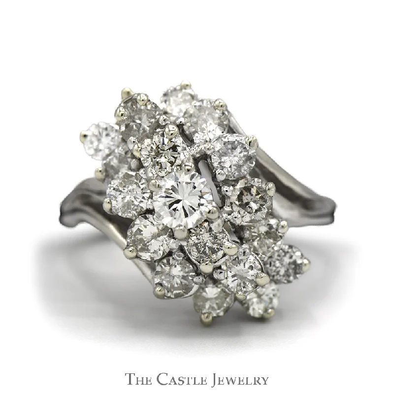 Stunning Platinum Engagement Ring-2.5cttw Diamond Waterfall Cluster Ring in 14k White Gold Split Shank Setting