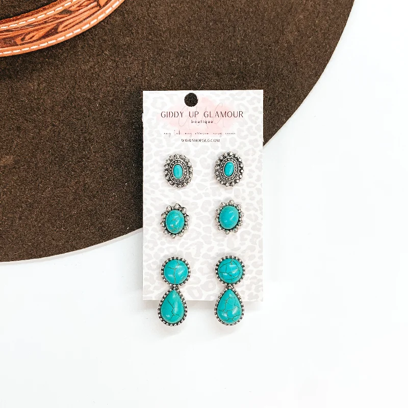 Colorful Earrings for Teens-Mystical Dreamer Western Turquoise Stone Earring Set in Silver Tone