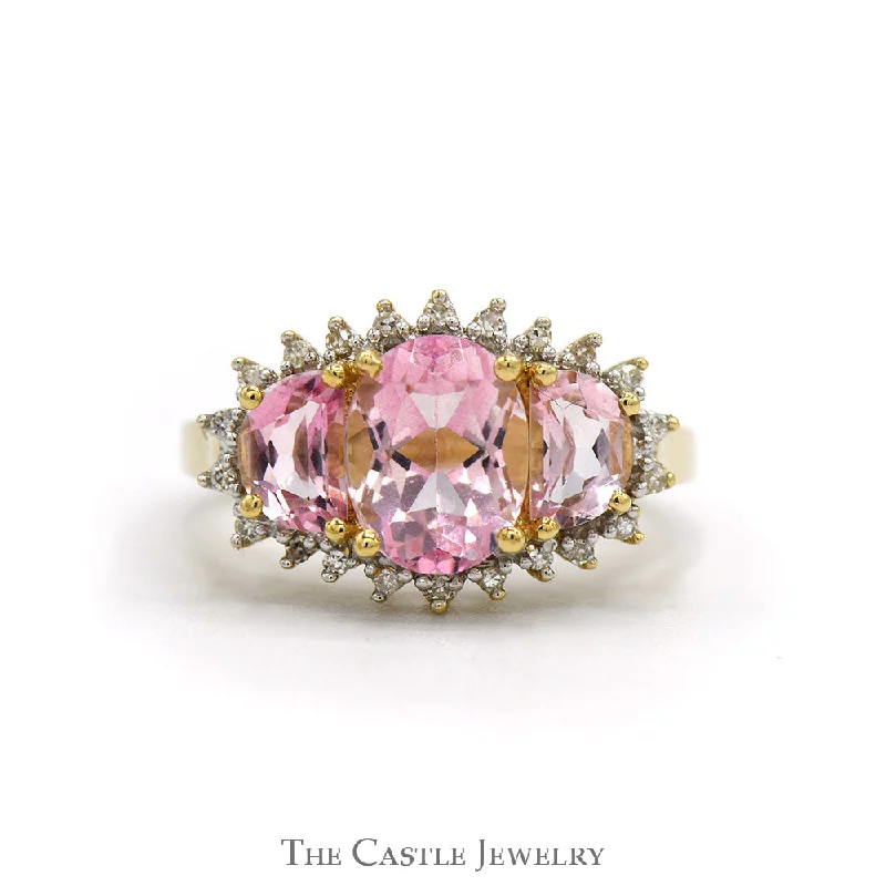 Trendy Wedding Band Set-Three Stone Oval Pink Topaz Ring with Diamond Edges in 14k Yellow Gold