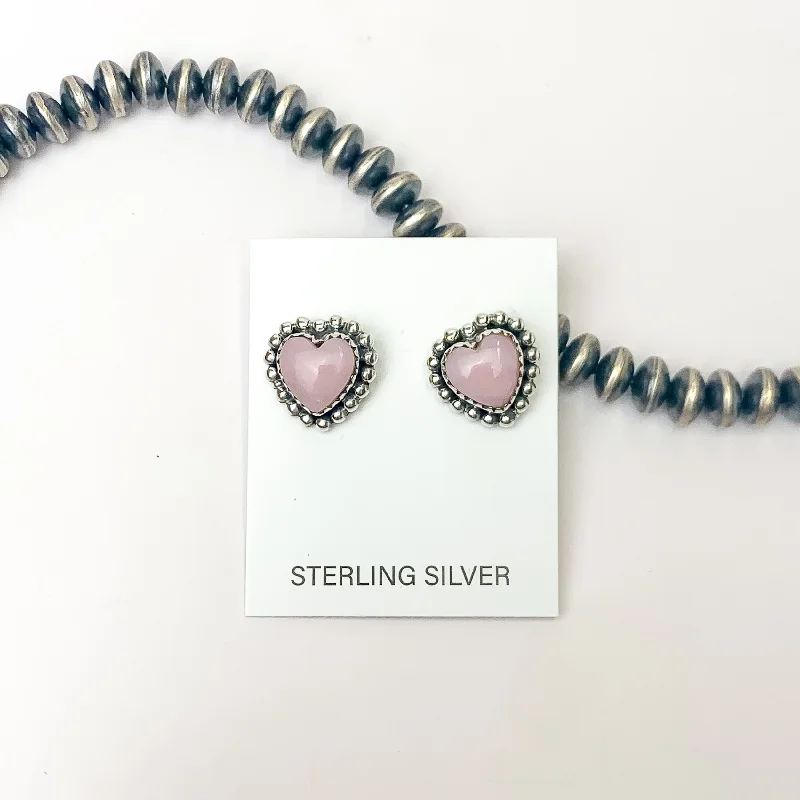 Sterling Silver Earrings for Women-Hada Collection | Handmade Sterling Silver Heart Shaped Stud Earrings with Pink Conch Stones