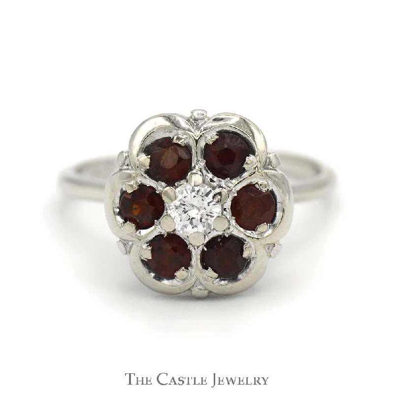 Silver Promise Ring-Round Shaped Garnet Cluster Ring with Round Diamond Center in 14k White Gold