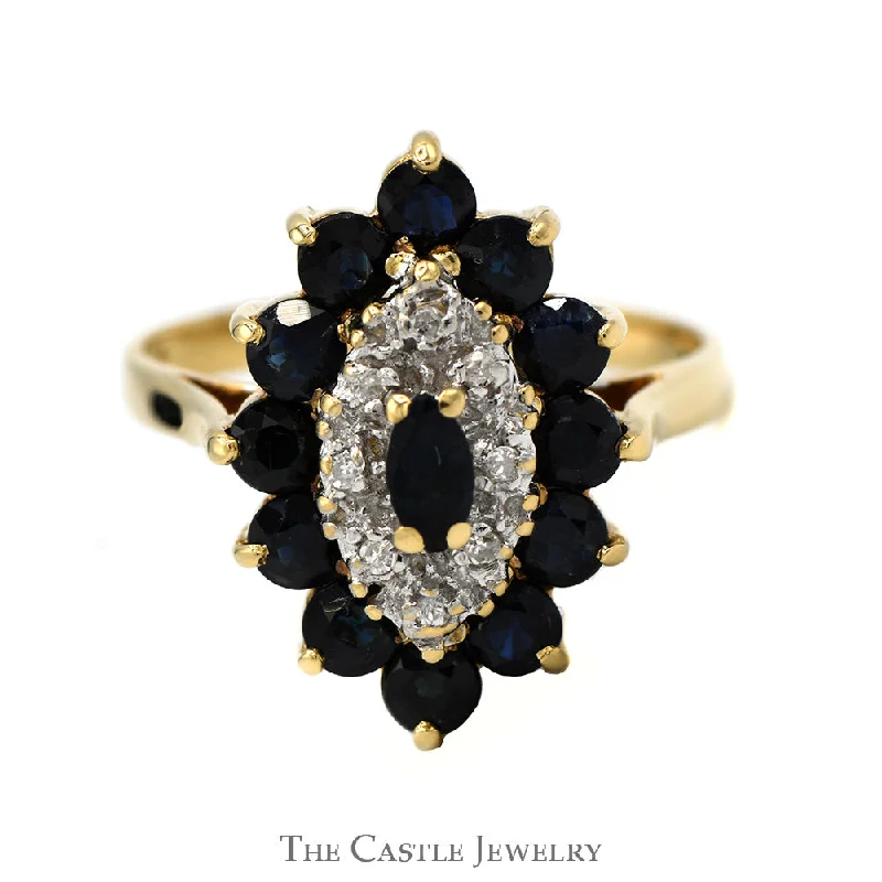 Solitaire Diamond Ring-Sapphire And Diamond Marquise Shaped Cluster Ring With .04 CTTW Of Diamonds In 14KT Yellow Gold