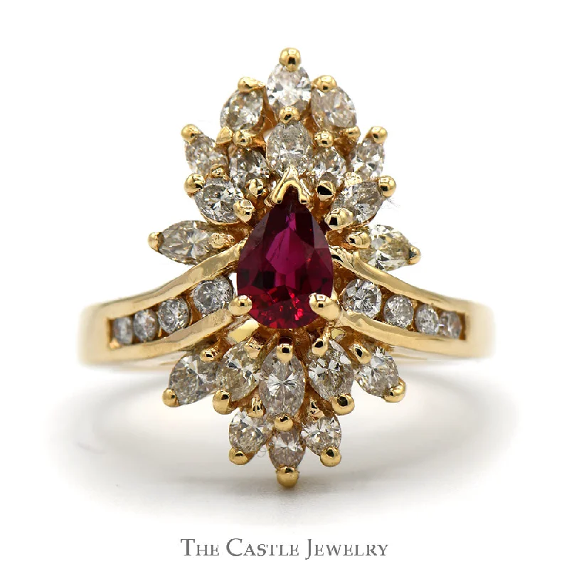 Stackable Rings for Women-Pear Cut Ruby Ring with 2cttw Diamond Cluster and Accents in 14k Yellow Gold